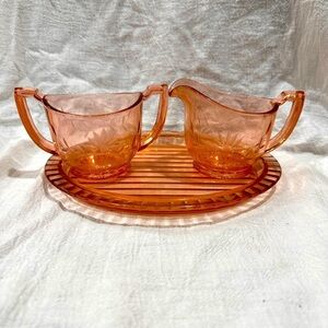 Lovely Floral etched pink depression glass sugar & creamer with tray set